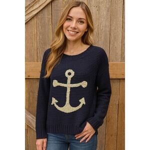 Pink owl navy blue cream anchor 3d sweater nautical EUC sz S knit winter warm